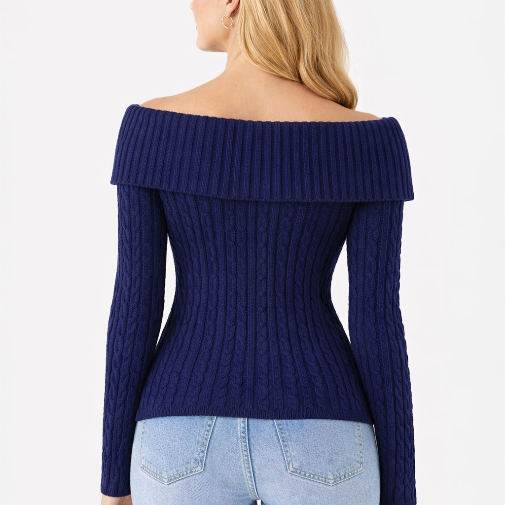 Off-Shoulder Kabeltrui Dames – Rib Gebreide Top met Lange Mouwen - Afbeelding 4
