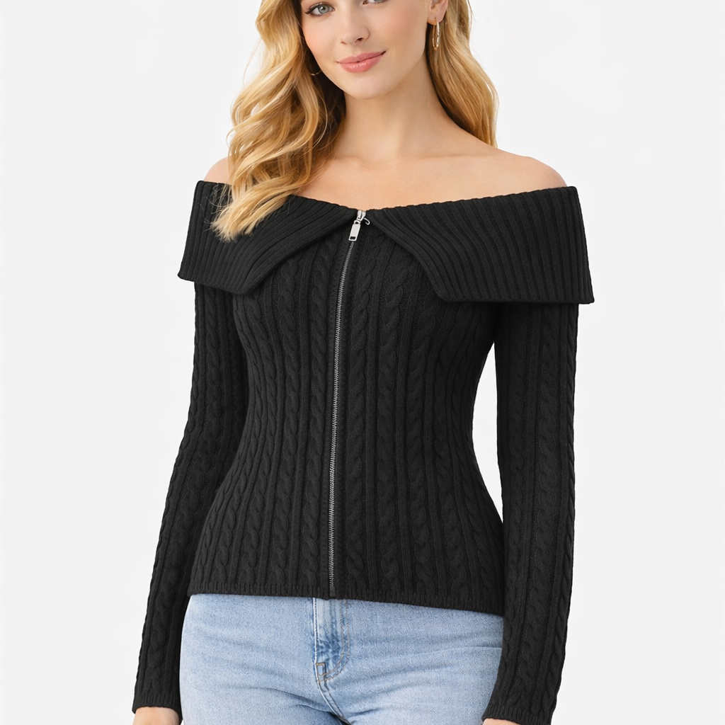 Off-Shoulder Kabeltrui Dames – Rib Gebreide Top met Lange Mouwen - Afbeelding 5