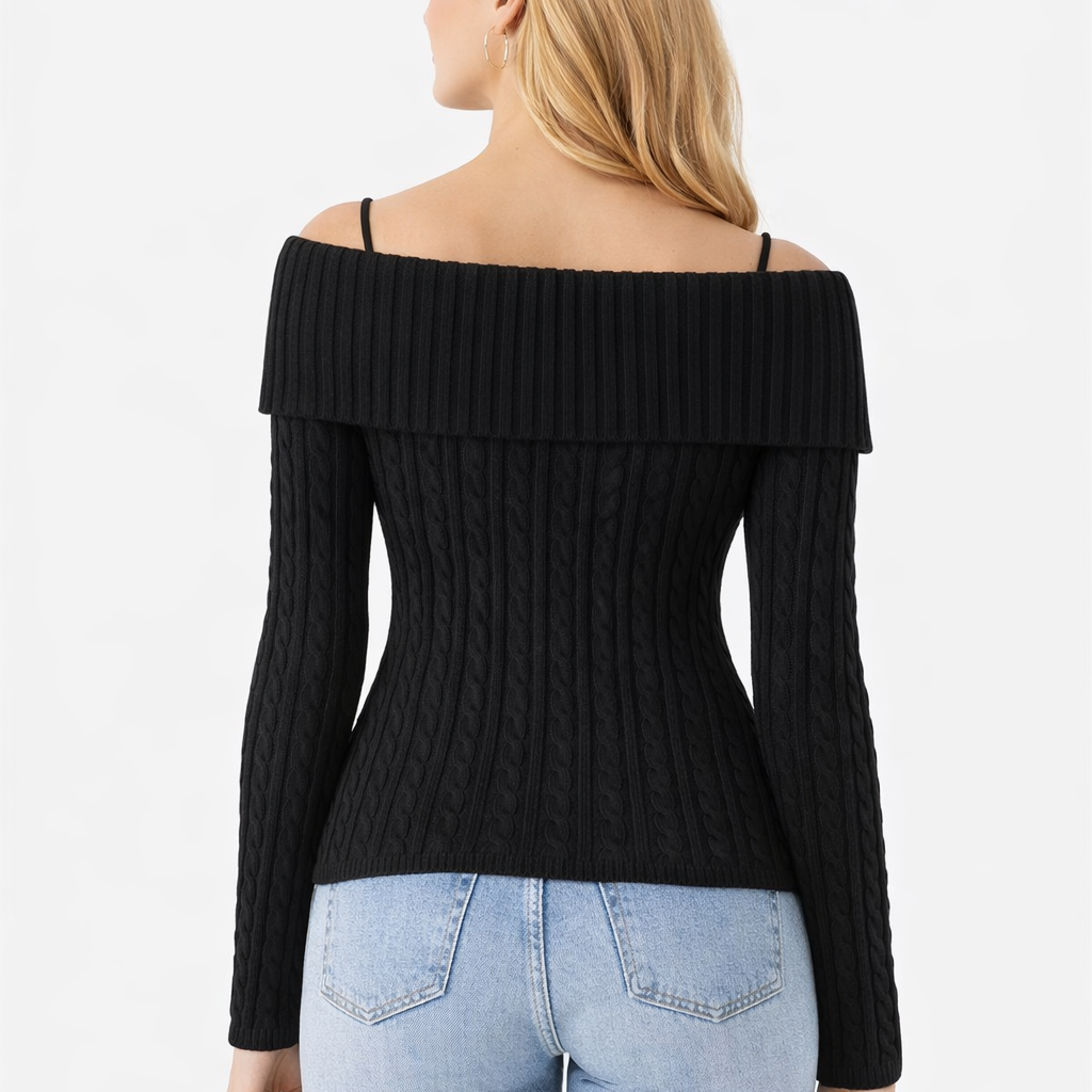 Off-Shoulder Kabeltrui Dames – Rib Gebreide Top met Lange Mouwen - Afbeelding 6
