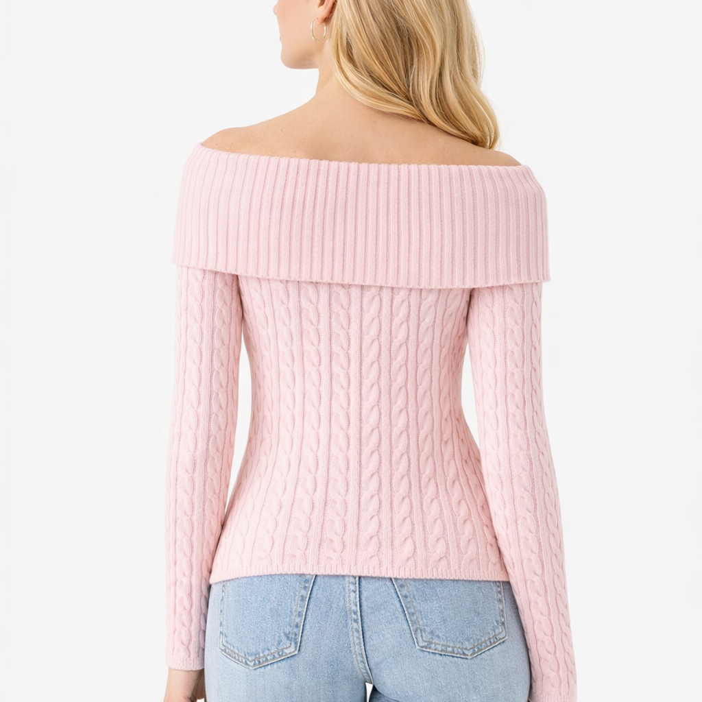 Off-Shoulder Kabeltrui Dames – Rib Gebreide Top met Lange Mouwen - Afbeelding 3
